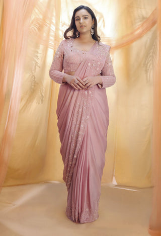Pink Peacock Couture-Rose Gold Embroidered Saree Set-INDIASPOPUP.COM