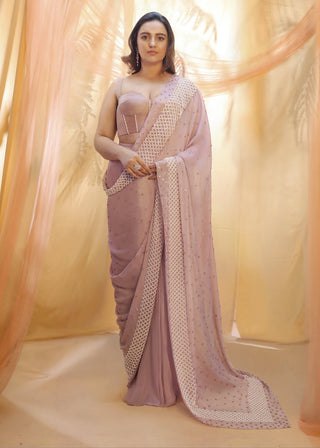 Pink Peacock Couture-Lilac Embroidered Saree With Corset Blouse-INDIASPOPUP.COM