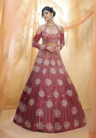 Pink Peacock Couture-Heavy Red Lehenga With Halter Blouse-INDIASPOPUP.COM