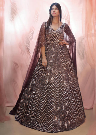 Pink Peacock Couture-Wine Embroidered Drape Gown-INDIASPOPUP.COM