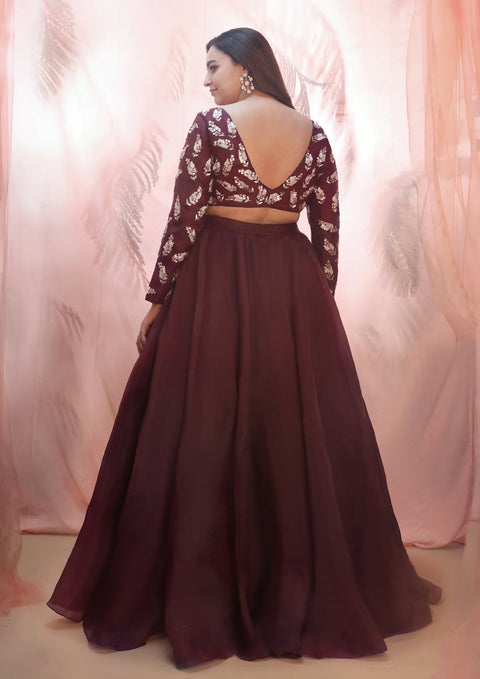 Pink Peacock Couture-Wine Organza Lehenga With Embroidered Blouse-INDIASPOPUP.COM