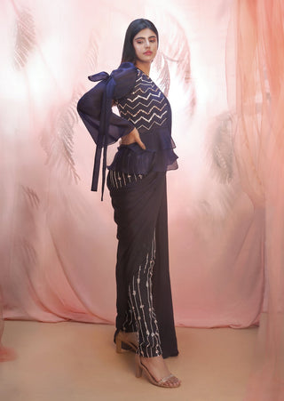 Pink Peacock Couture-Navy Blue Short Jacket Saree Set-INDIASPOPUP.COM