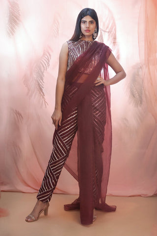 Pink Peacock Couture-Wine Embroidered Pant Saree With Cape-INDIASPOPUP.COM