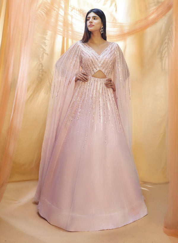 Pink Peacock Couture-Lilac Embroidered Draped Gown-INDIASPOPUP.COM