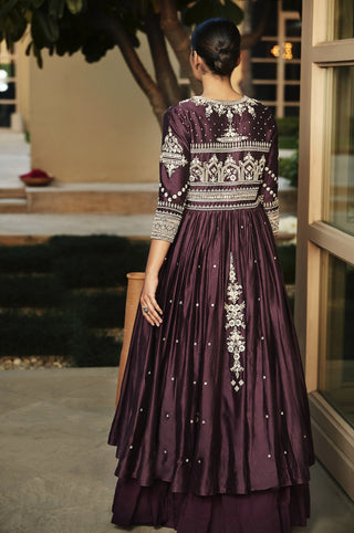 Matsya-Rusted Wine Mogra Jacket Lehenga Set-INDIASPOPUP.COM