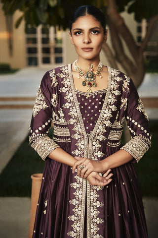 Matsya-Rusted Wine Mogra Jacket Lehenga Set-INDIASPOPUP.COM