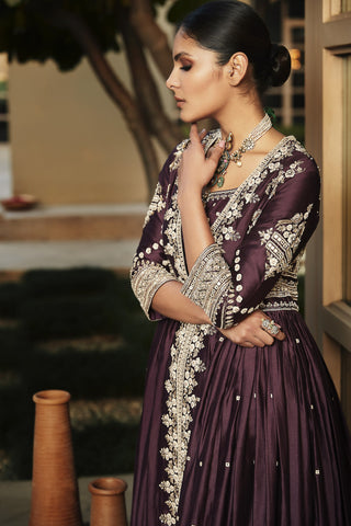 Matsya-Rusted Wine Mogra Jacket Lehenga Set-INDIASPOPUP.COM