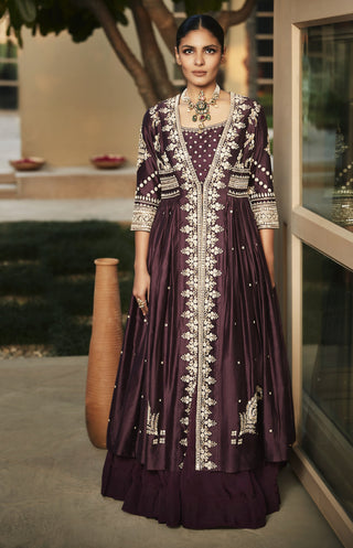 Matsya-Rusted Wine Mogra Jacket Lehenga Set-INDIASPOPUP.COM