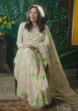 House Of Masaba-Mint Candy Swirl Organza Sari With Unstitched Blouse-INDIASPOPUP.COM