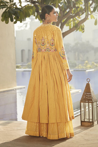 Matsya-Haldi Yellow Venetian Tripitaka Lehenga Set-INDIASPOPUP.COM