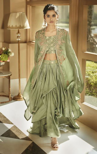 Matsya-Jade Green Aurora Dhoti Cape Set-INDIASPOPUP.COM