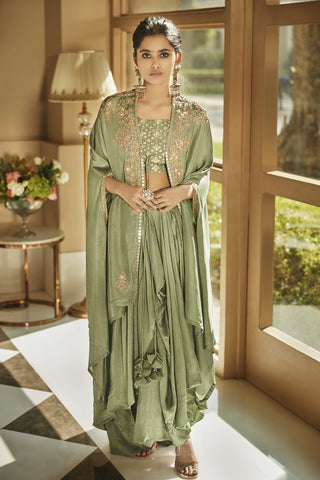 Matsya-Jade Green Aurora Dhoti Cape Set-INDIASPOPUP.COM