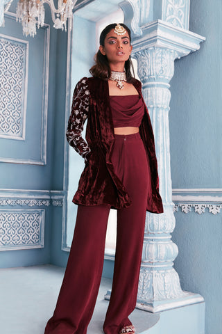 Mahima Mahajan-Wine Velvet Blazer Set With Crop Top-INDIASPOPUP.COM