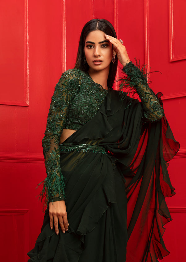 Mahima Mahajan-Manahil Green Ruffled Saree Set-INDIASPOPUP.COM