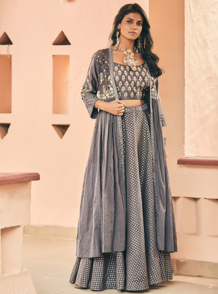 Powder blue lehenga set with embellished organza jacket