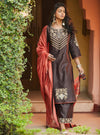 Matsya-Brown Chanderi Silk Kurta Pants Set-INDIASPOPUP.COM