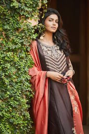 Matsya-Brown Chanderi Silk Kurta Pants Set-INDIASPOPUP.COM