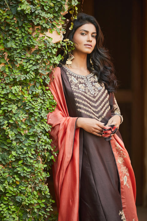 Matsya-Brown Chanderi Silk Kurta Pants Set-INDIASPOPUP.COM