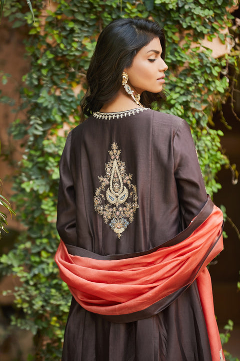 Matsya-Brown Chanderi Silk Kurta Pants Set-INDIASPOPUP.COM