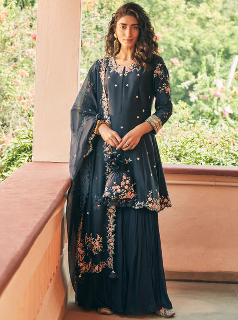 Matsya-Blue Chanderi Silk Kurta Sharara Set-INDIASPOPUP.COM