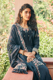 Matsya-Blue Chanderi Silk Kurta Sharara Set-INDIASPOPUP.COM