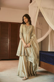 Matsya-Pista Chanderi Silk Kurta With Sharara Set-INDIASPOPUP.COM