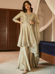 Matsya-Pista Chanderi Silk Kurta With Sharara Set-INDIASPOPUP.COM