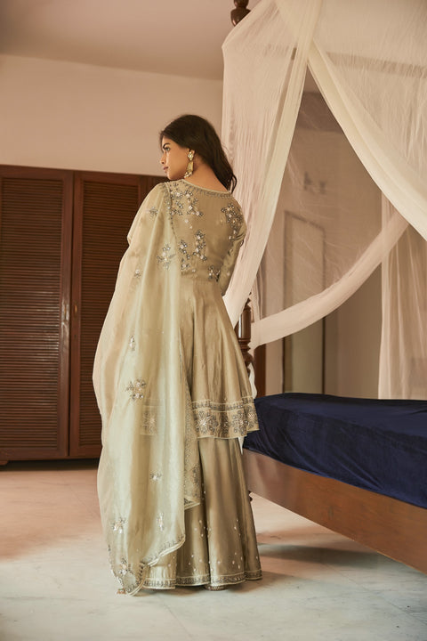 Matsya-Pista Chanderi Silk Kurta With Sharara Set-INDIASPOPUP.COM