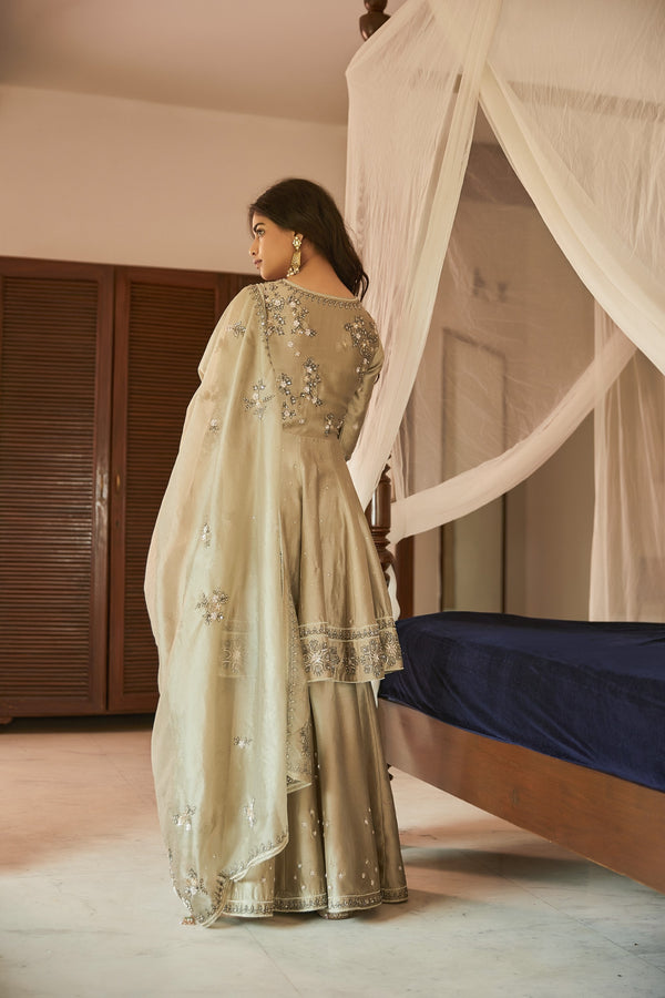 Matsya-Pista Chanderi Silk Kurta With Sharara Set-INDIASPOPUP.COM