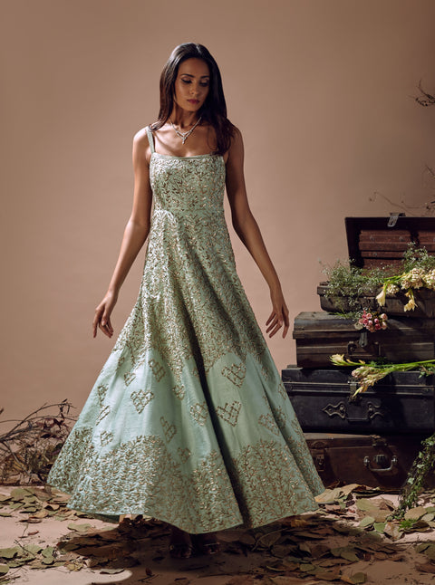 Mishru-Mint Embroidered Heavy Gown-INDIASPOPUP.COM