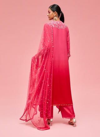 Nachiket Barve-Pink Red Izmir Embroidered Ombré Kurta Set-INDIASPOPUP.COM