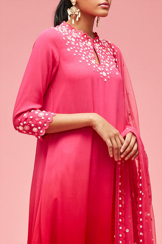 Nachiket Barve-Pink Red Izmir Embroidered Ombré Kurta Set-INDIASPOPUP.COM