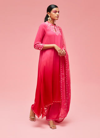 Nachiket Barve-Pink Red Izmir Embroidered Ombré Kurta Set-INDIASPOPUP.COM