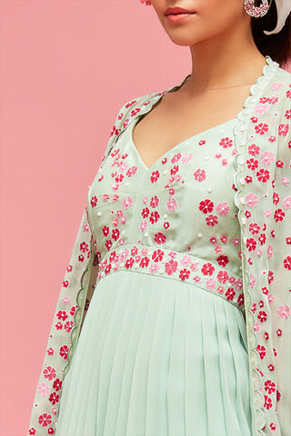 Nachiket Barve-Mint Izmir Embroidered Jacket With Pleated Top And Dhoti Pants-INDIASPOPUP.COM