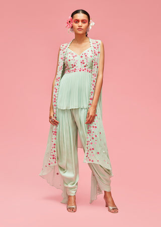Nachiket Barve-Mint Izmir Embroidered Jacket With Pleated Top And Dhoti Pants-INDIASPOPUP.COM