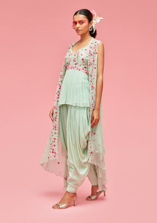 Nachiket Barve-Mint Izmir Embroidered Jacket With Pleated Top And Dhoti Pants-INDIASPOPUP.COM