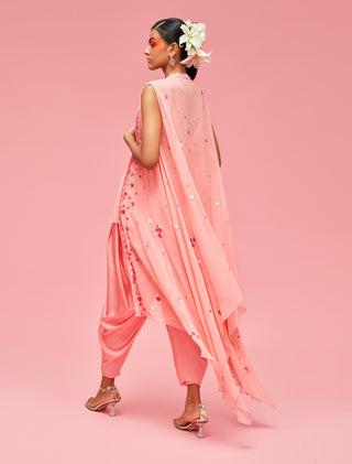 Nachiket Barve-Peach Izmir Embroidered Jacket With Pleated Top And Dhoti Pants-INDIASPOPUP.COM