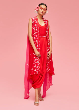 Nachiket Barve-Red Pink Izmir Cape Jacket With Draped Dress-INDIASPOPUP.COM