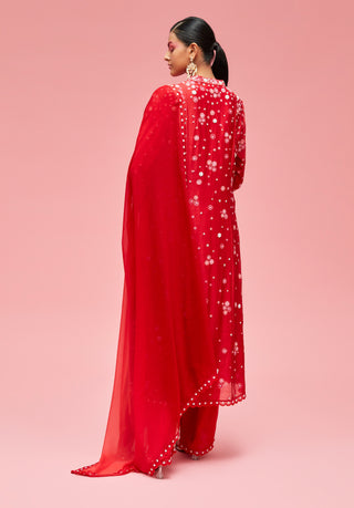 Nachiket Barve-Red Izmir Embroidered Kalidar Kurta Set-INDIASPOPUP.COM