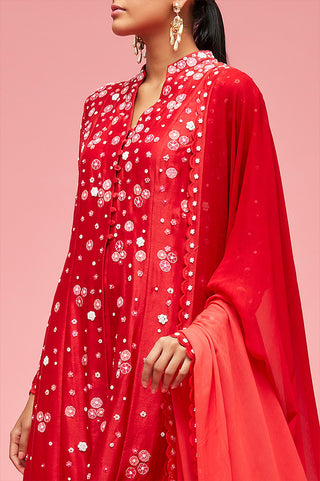 Nachiket Barve-Red Izmir Embroidered Kalidar Kurta Set-INDIASPOPUP.COM