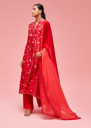 Nachiket Barve-Red Izmir Embroidered Kalidar Kurta Set-INDIASPOPUP.COM