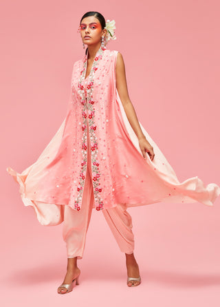 Nachiket Barve-Peach Nishat Bagh Ombré Cape Jacket With Bustier And Dhoti Pants-INDIASPOPUP.COM