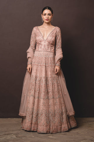 Nitika Gujral-Peach Tulle Gown And Dupatta-INDIASPOPUP.COM