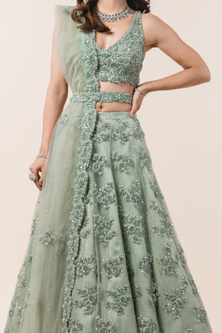 Nitika Gujral-Sage Green Tulle Lehenga Choli Set-INDIASPOPUP.COM