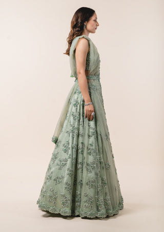 Nitika Gujral-Sage Green Tulle Lehenga Choli Set-INDIASPOPUP.COM