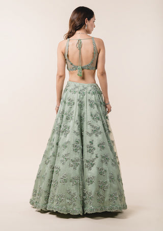 Nitika Gujral-Sage Green Tulle Lehenga Choli Set-INDIASPOPUP.COM