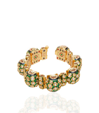 Preeti Mohan-Gold Plated Green Meena Kundan Bracelet-INDIASPOPUP.COM