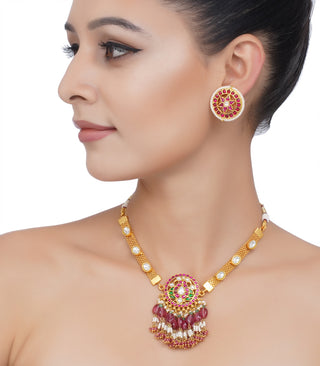 Preeti Mohan-Gold Plated Red & Green Kundan Necklace Set With Pink Drops-INDIASPOPUP.COM