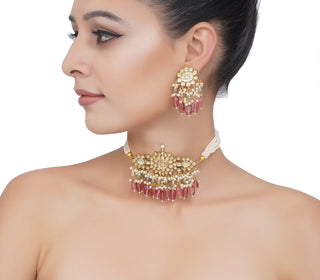 Preeti Mohan-Gold Plated Pink Kundan Choker Necklace Set-INDIASPOPUP.COM