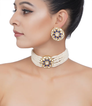 Preeti Mohan-Gold Plated Blue Kundan Choker Necklace With Pearls-INDIASPOPUP.COM
